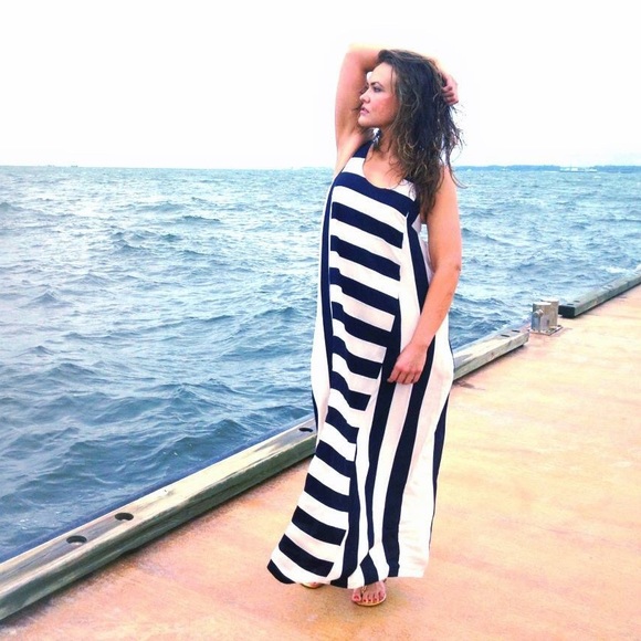 Vintage C/Meo Blue & White Striped Maxi Dress, Size XS - Picture 1 of 17